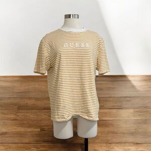 Vintage 1990s Guess Stripe Yellow Mustard White Stripe Mock Tee Shirt Small